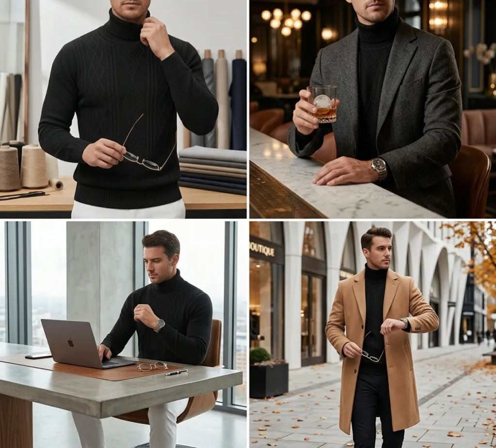 Men's Casual Solid Argyle High Neck Long Sleeve Knit Sweater