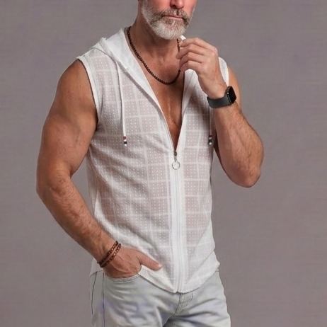 Summer Plaid Sleeveless T-Shirt For Men, Polo Collar, Loose Fit