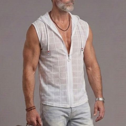 Summer Plaid Sleeveless T-Shirt For Men, Polo Collar, Loose Fit