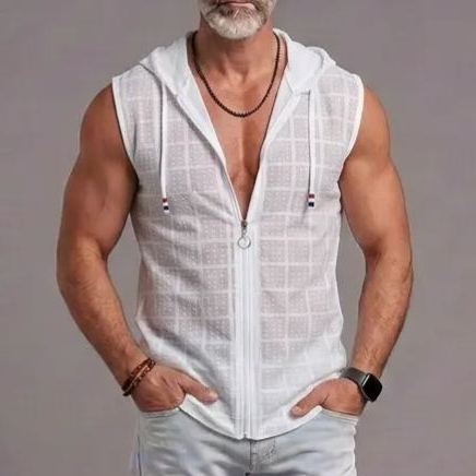 Summer Plaid Sleeveless T-Shirt For Men, Polo Collar, Loose Fit