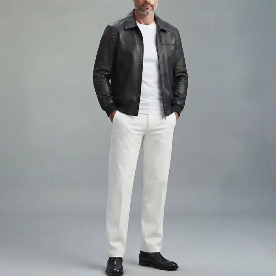 Men's Plain PU Leather Turndown Collar Slant Pockets Slim Zip-Up Bomber Jacket