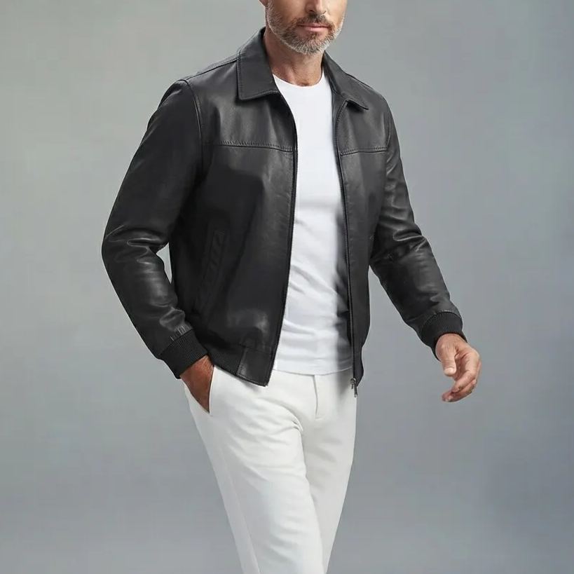 Men's Plain PU Leather Turndown Collar Slant Pockets Slim Zip-Up Bomber Jacket