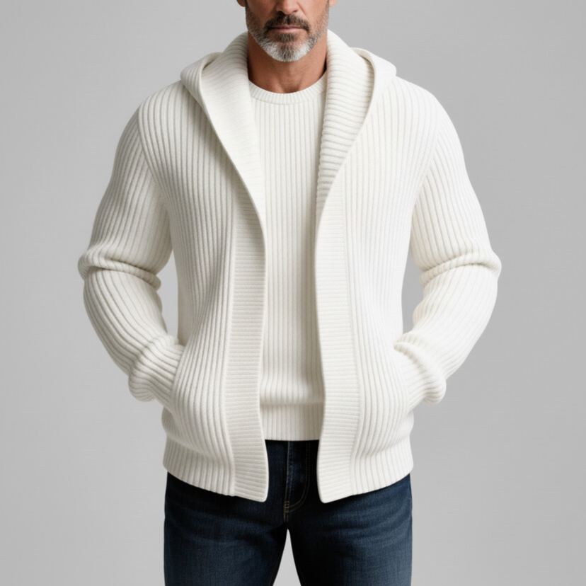 Men's White Ribbed Knit Pockets Long Sleeve Hooded Sweater Cardigan