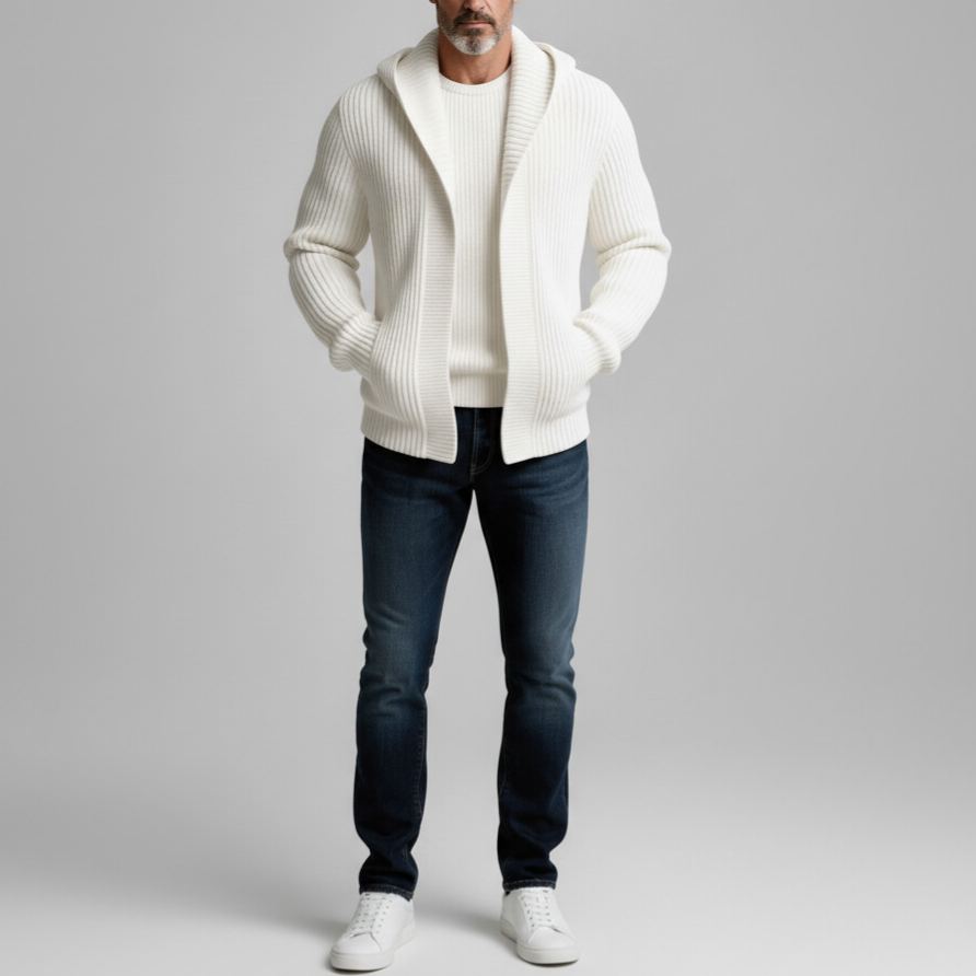 Men's White Ribbed Knit Pockets Long Sleeve Hooded Sweater Cardigan