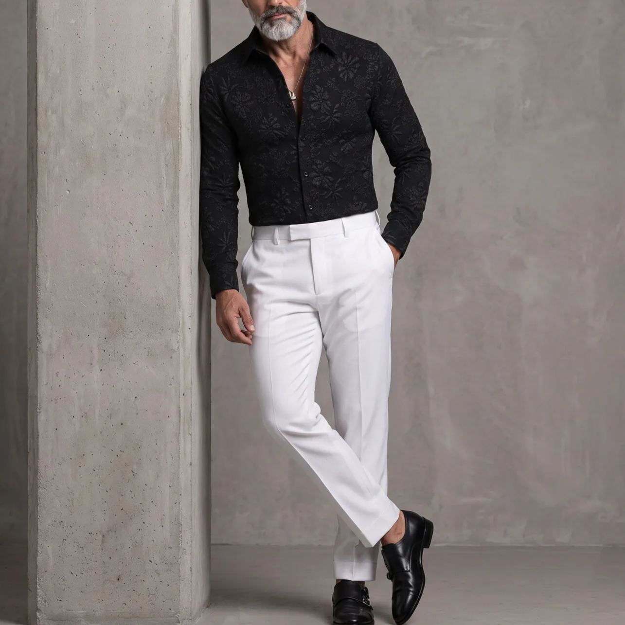 Men's White 3D Floral Embossed Pattern Slim Fit Long Sleeve Shirt