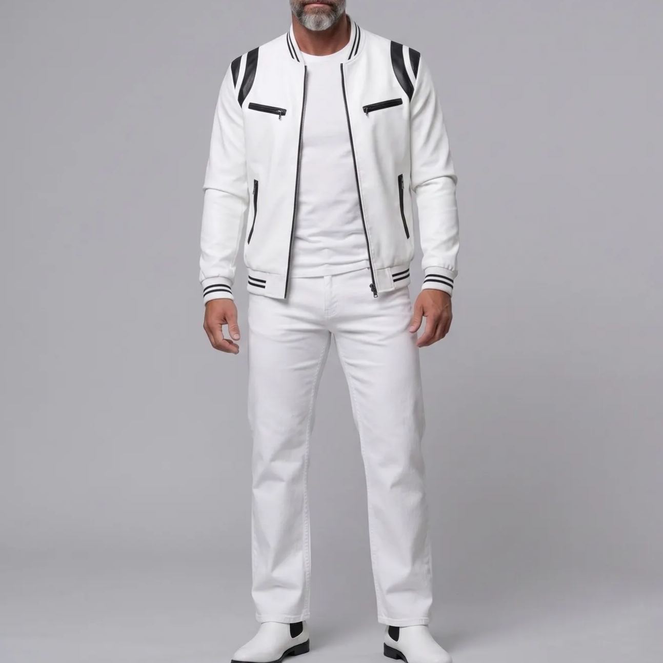 Men's PU Leather Contrast Stripes Zipper Pockets Bomber Jacket