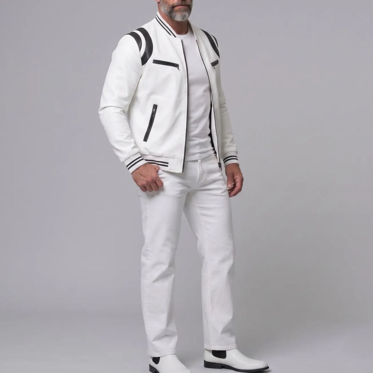 Men's PU Leather Contrast Stripes Zipper Pockets Bomber Jacket