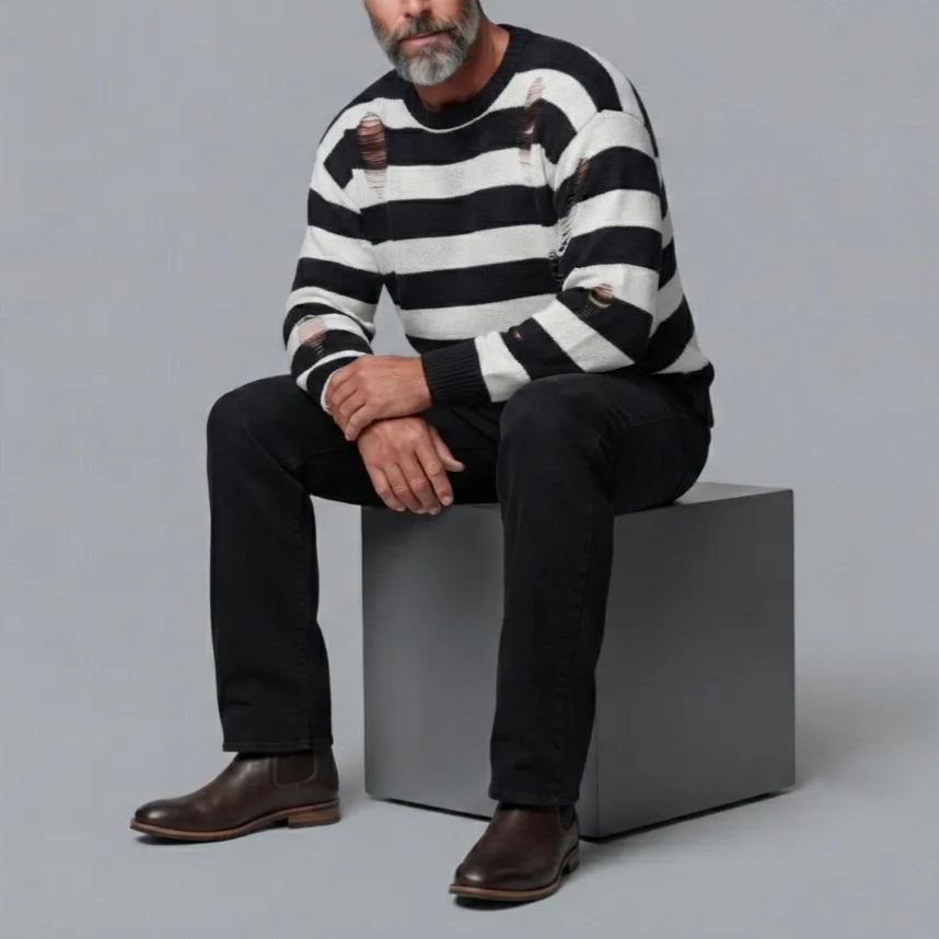 Men's Black And White Contrast Striped Pattern Ripped Round Neck Knit Sweater