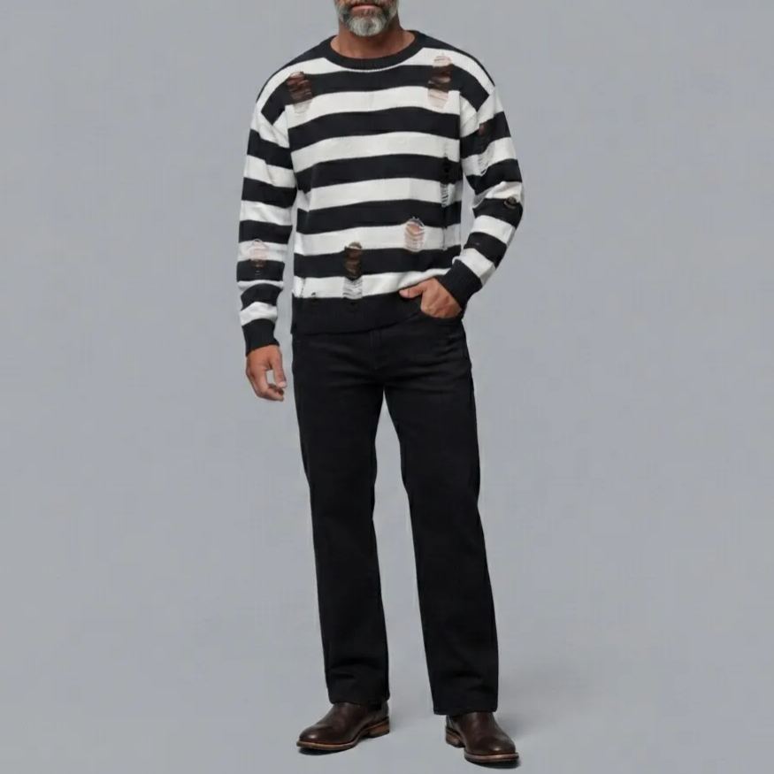 Men's Black And White Contrast Striped Pattern Ripped Round Neck Knit Sweater