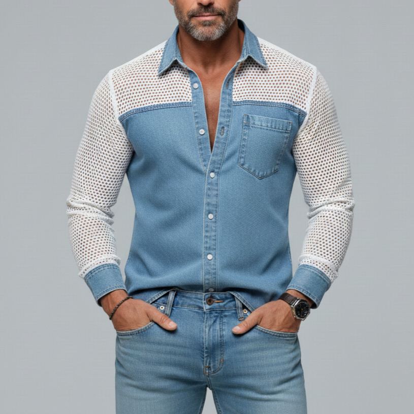 Men's Stylish Plain Denim Patchwork Mesh Hollow Out Chest Pocket Shirt
