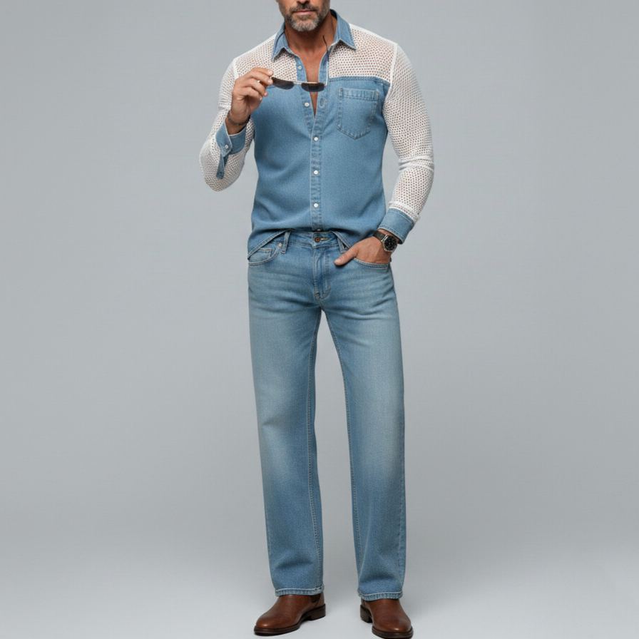 Men's Stylish Plain Denim Patchwork Mesh Hollow Out Chest Pocket Shirt