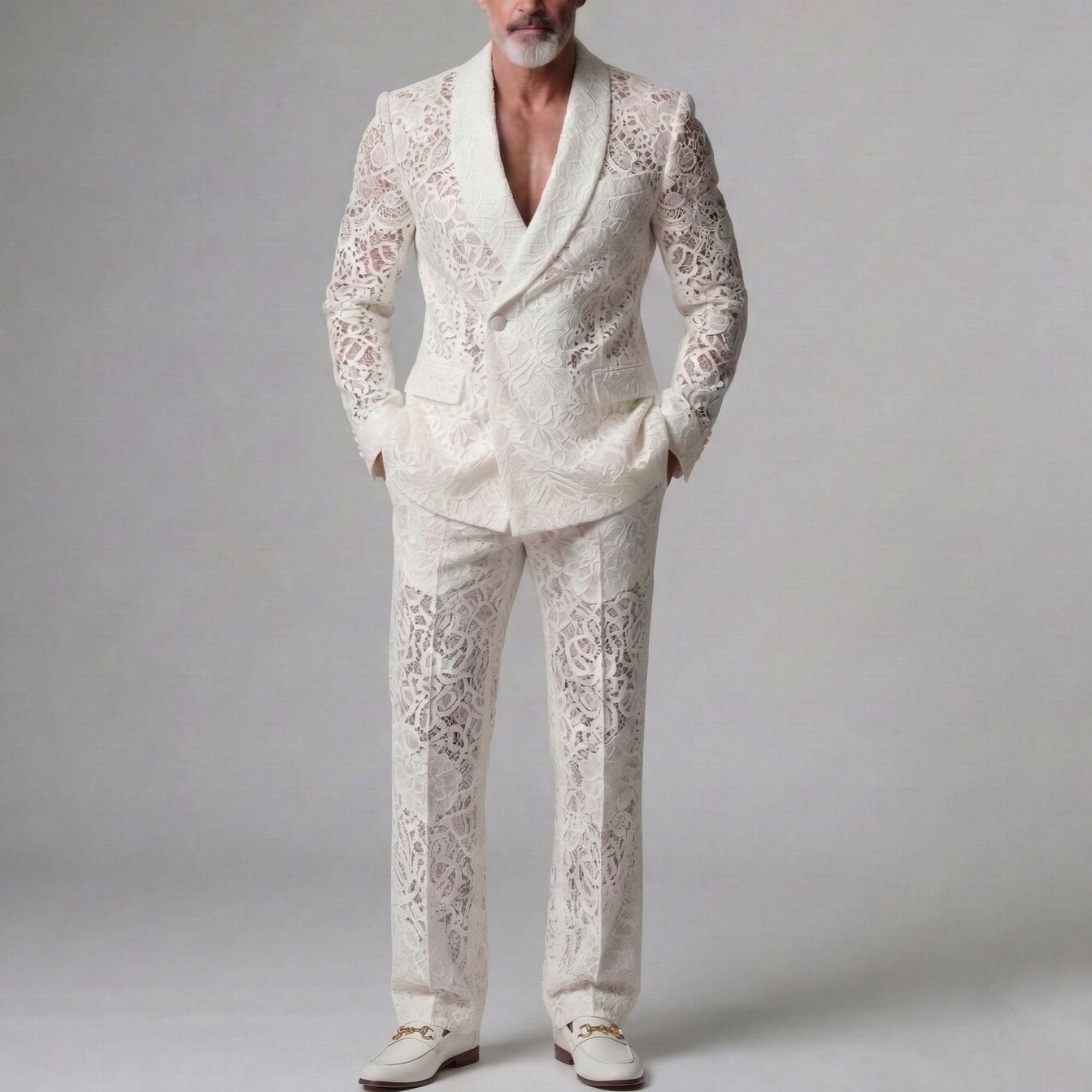 Men's White Lace Slant Pocket Straight Leg Pants