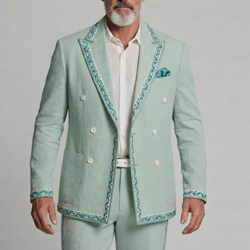 Men's Sage Green Wave Pattern Patch Pocket Double-Breasted Peak Lapel Blazer