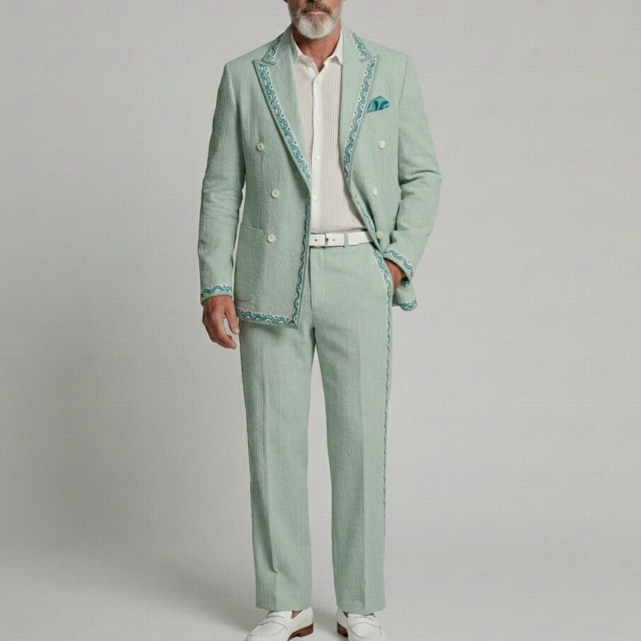 Men's Sage Green Wave Pattern Patch Pocket Double-Breasted Peak Lapel Blazer