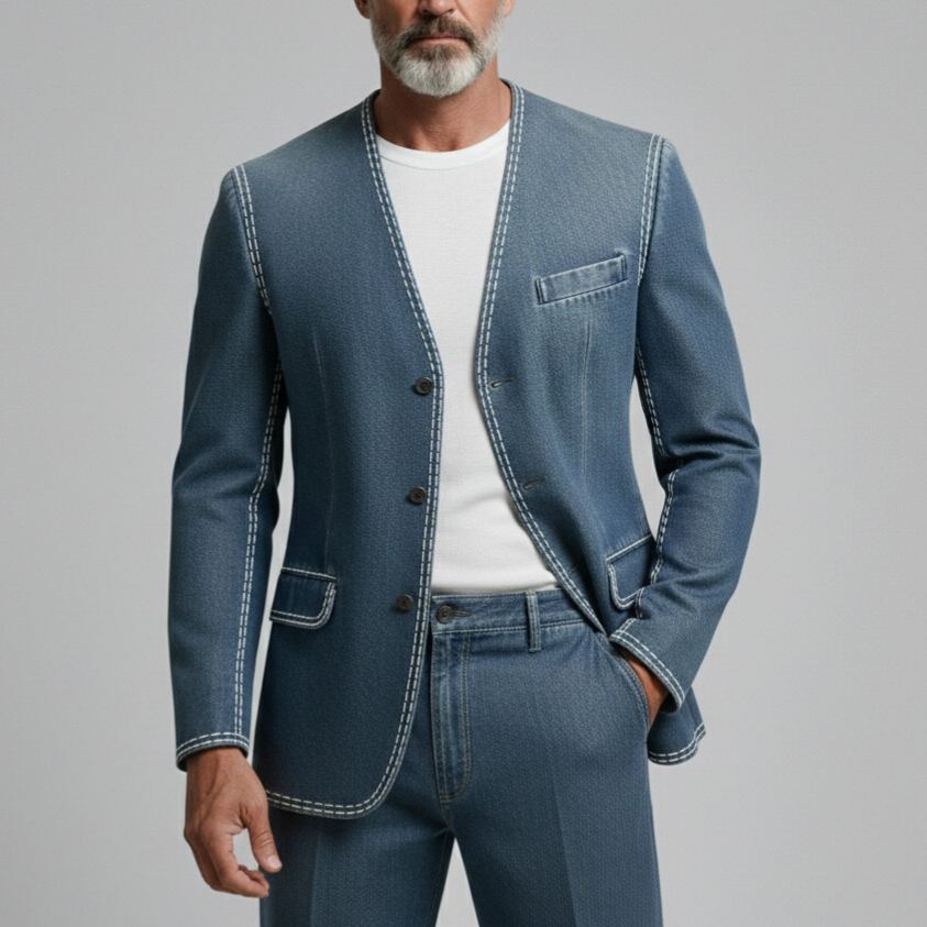 Men's Casual Washed Denim Collarless Long Sleeve Single Breasted Jacket