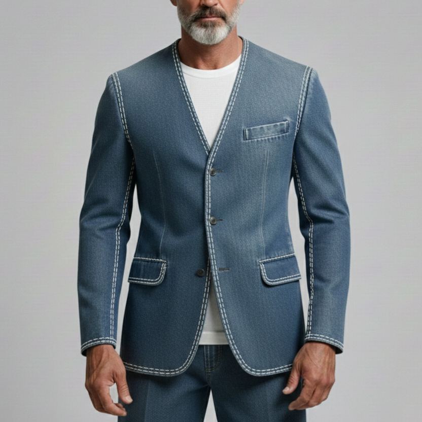 Men's Casual Washed Denim Collarless Long Sleeve Single Breasted Jacket