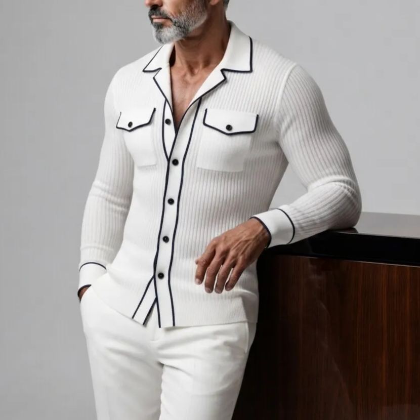 Men's White Ribbed Camp Collar Contrast Piping Single Breasted Chest Pocket Slim Shirt