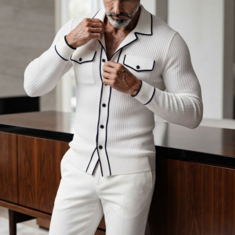 Men's White Ribbed Camp Collar Contrast Piping Single Breasted Chest Pocket Slim Shirt