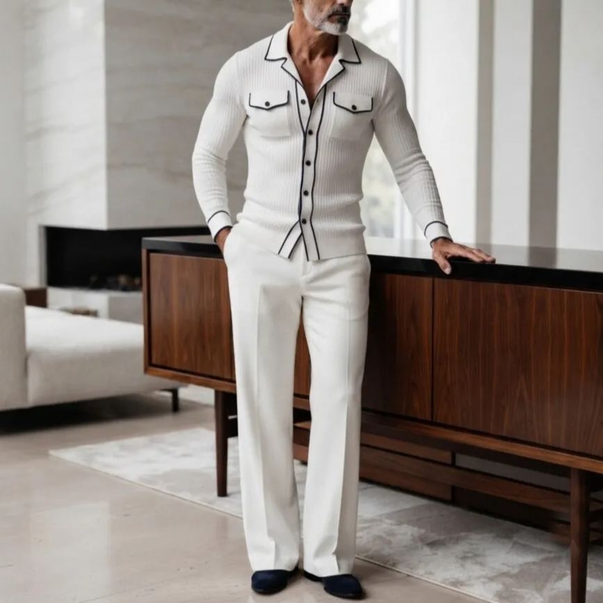 Men's White Ribbed Camp Collar Contrast Piping Single Breasted Chest Pocket Slim Shirt