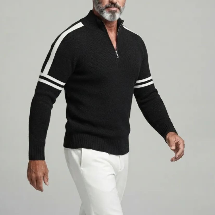 Men's Contrast Striped Pattern Half-Zip Stand Collar Ribbed Knit Pullover Sweater