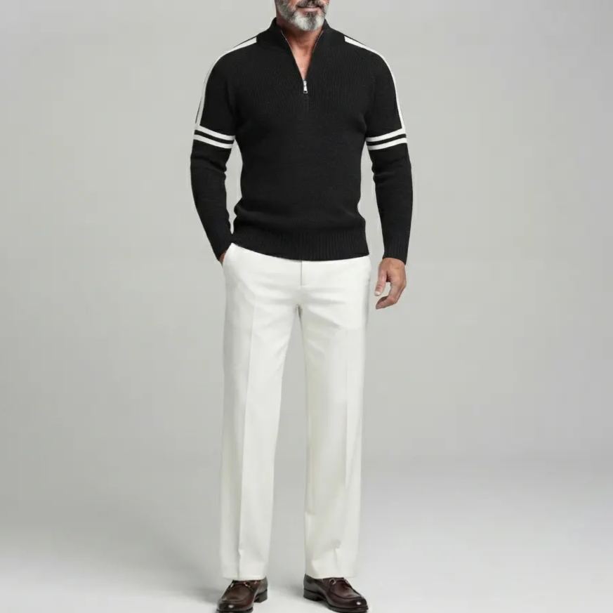 Men's Contrast Striped Pattern Half-Zip Stand Collar Ribbed Knit Pullover Sweater