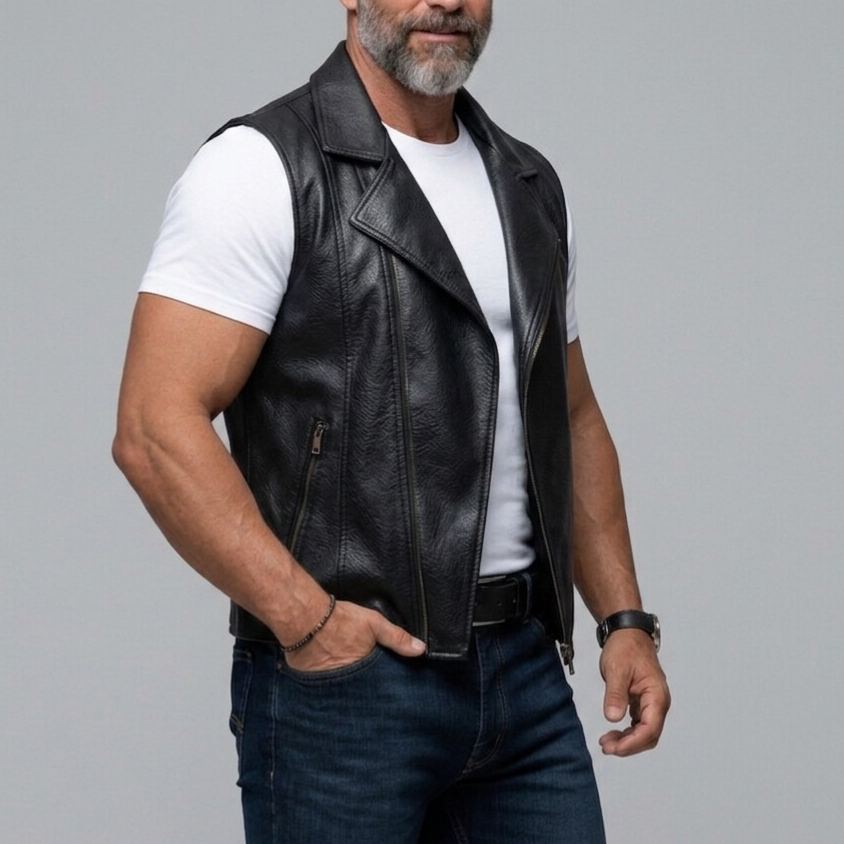 Men's PU Leather Solid Color Lapel Collar Zipper Slim Fit Vest