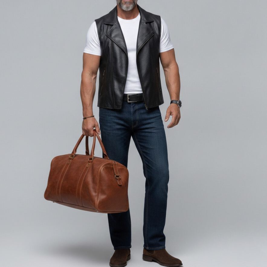 Men's PU Leather Solid Color Lapel Collar Zipper Slim Fit Vest
