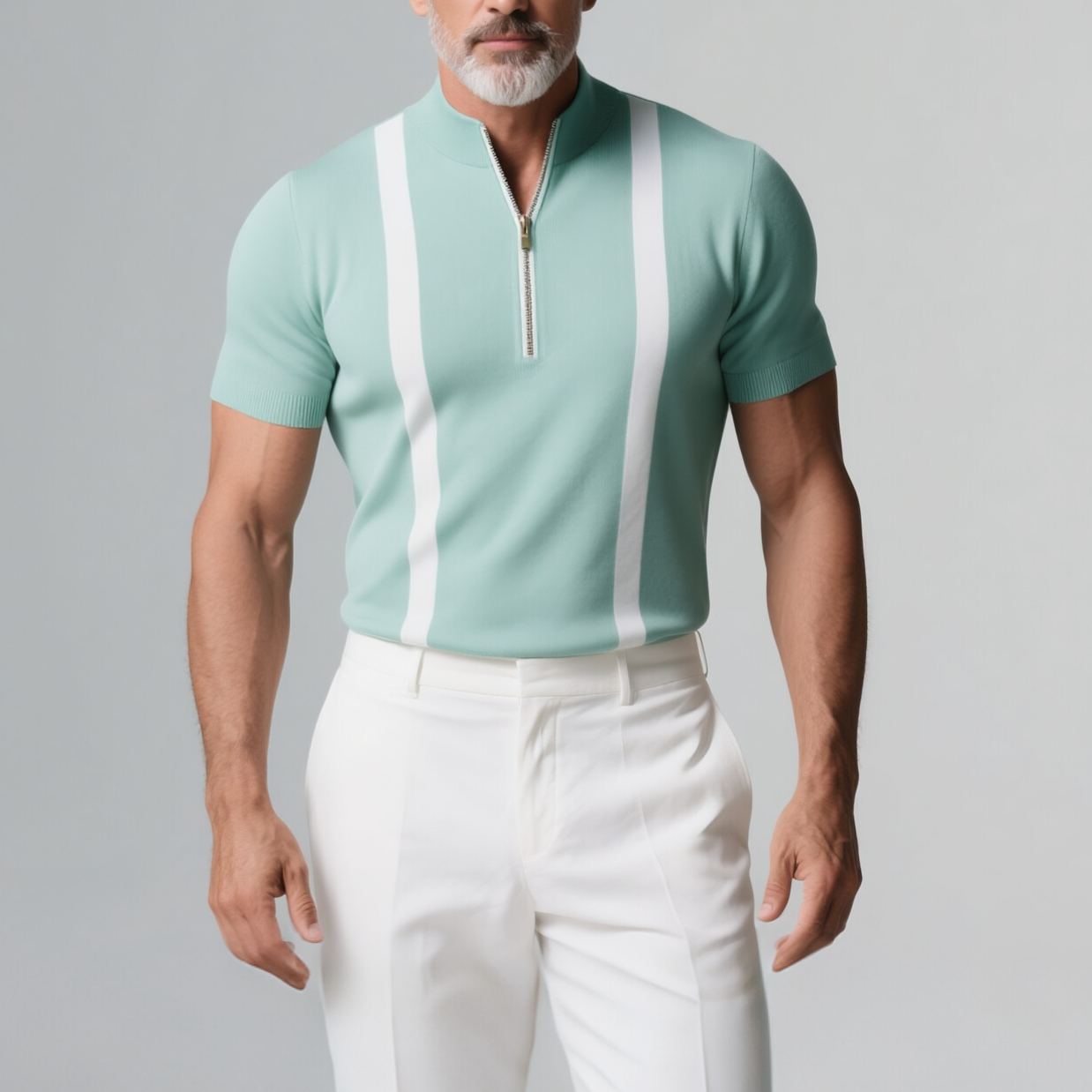 Men's Stand Collar Half Zip Short Sleeve White Striped Shirt
