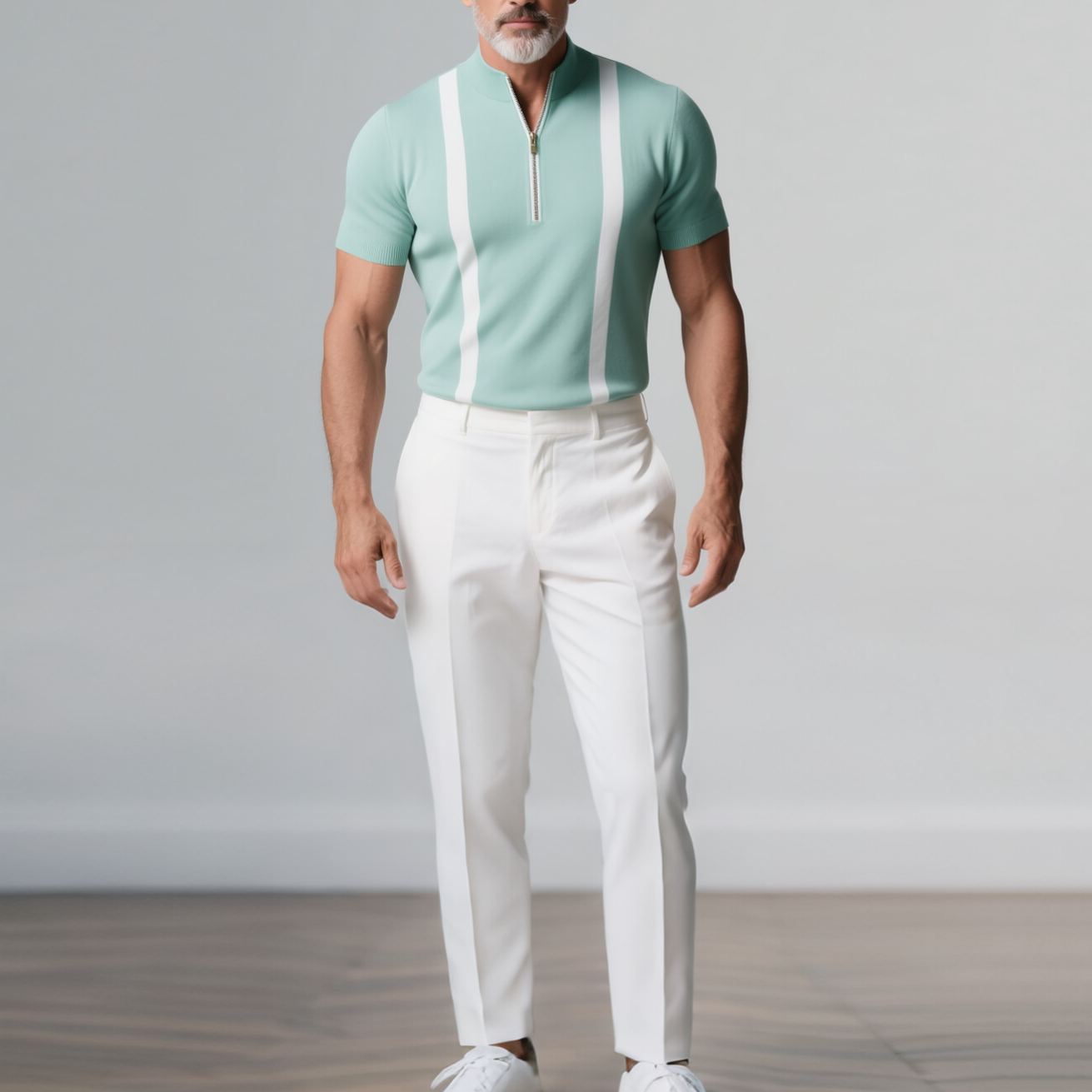 Men's Stand Collar Half Zip Short Sleeve White Striped Shirt