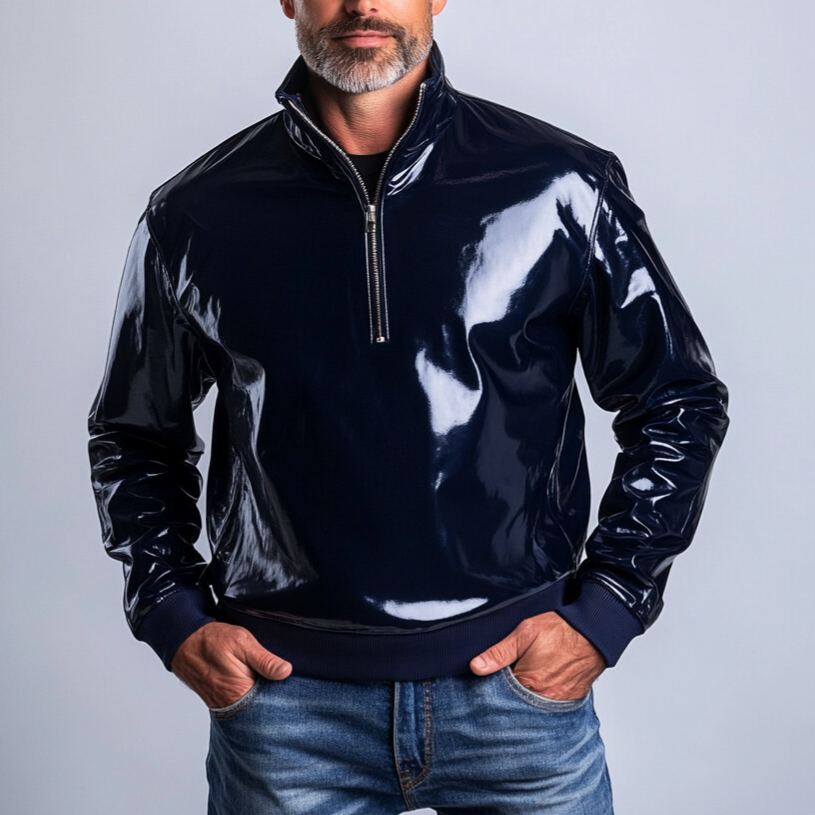 Men's Patent PU Leather Half Zipper Sweatshirt