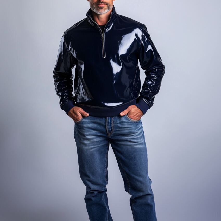 Men's Patent PU Leather Half Zipper Sweatshirt