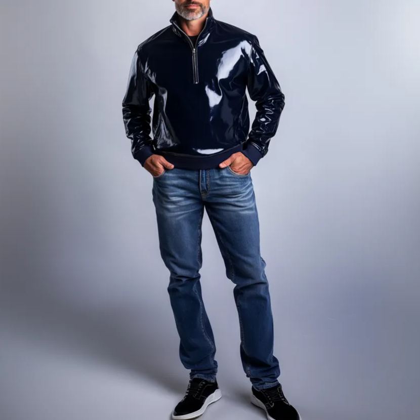 Men's Patent PU Leather Half Zipper Sweatshirt