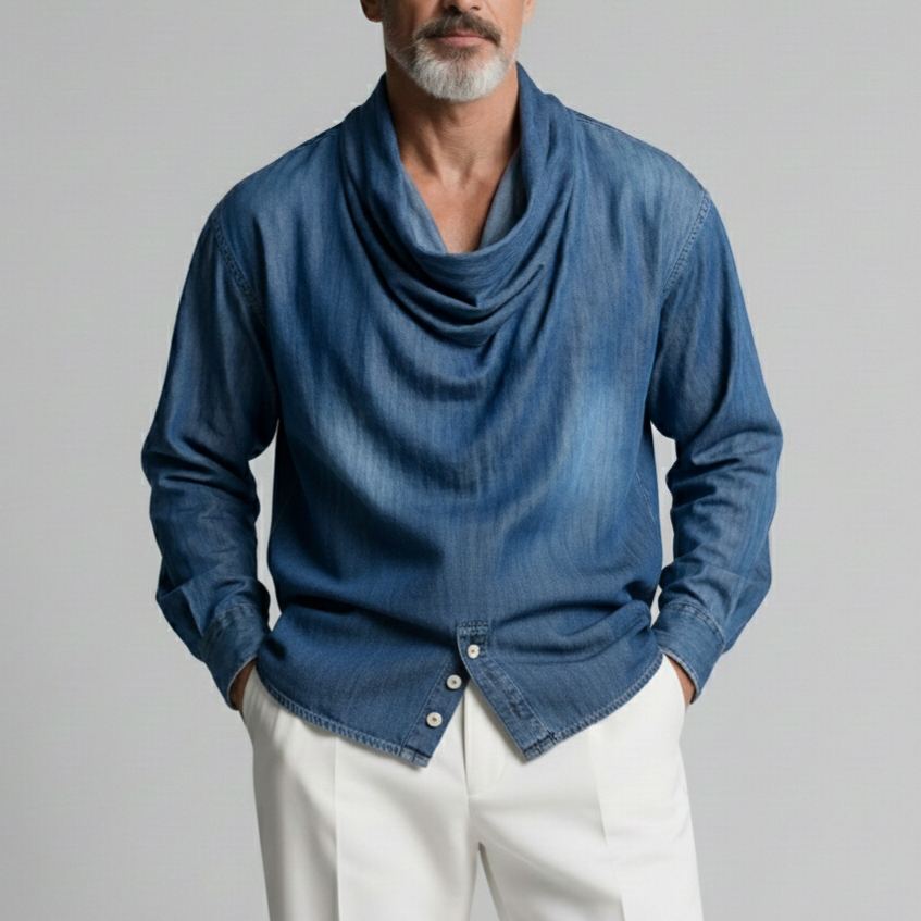 Men's Modern Denim Cowl Neck Buttoned Hem Long Sleeve Shirt