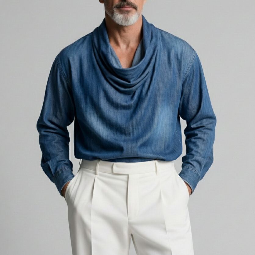 Men's Modern Denim Cowl Neck Buttoned Hem Long Sleeve Shirt