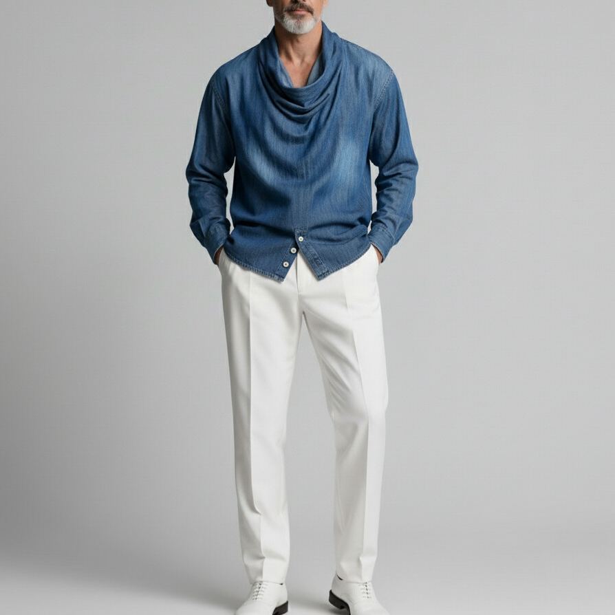 Men's Modern Denim Cowl Neck Buttoned Hem Long Sleeve Shirt