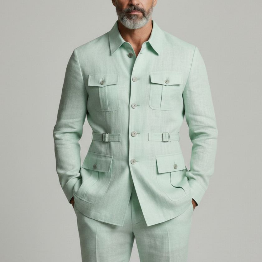 Men's Mint Green Multi-Pocket Turndown Collar Single Breasted Safari Jacket