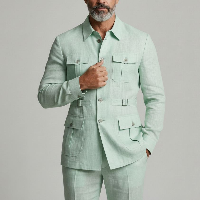 Men's Mint Green Multi-Pocket Turndown Collar Single Breasted Safari Jacket