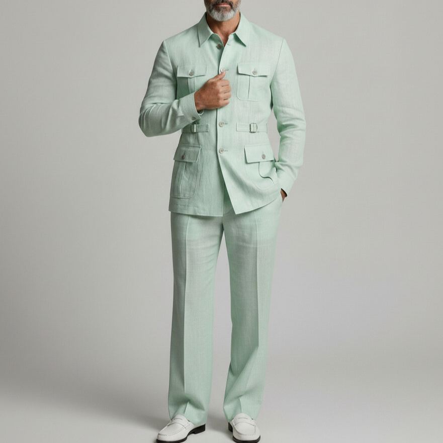 Men's Mint Green Multi-Pocket Turndown Collar Single Breasted Safari Jacket