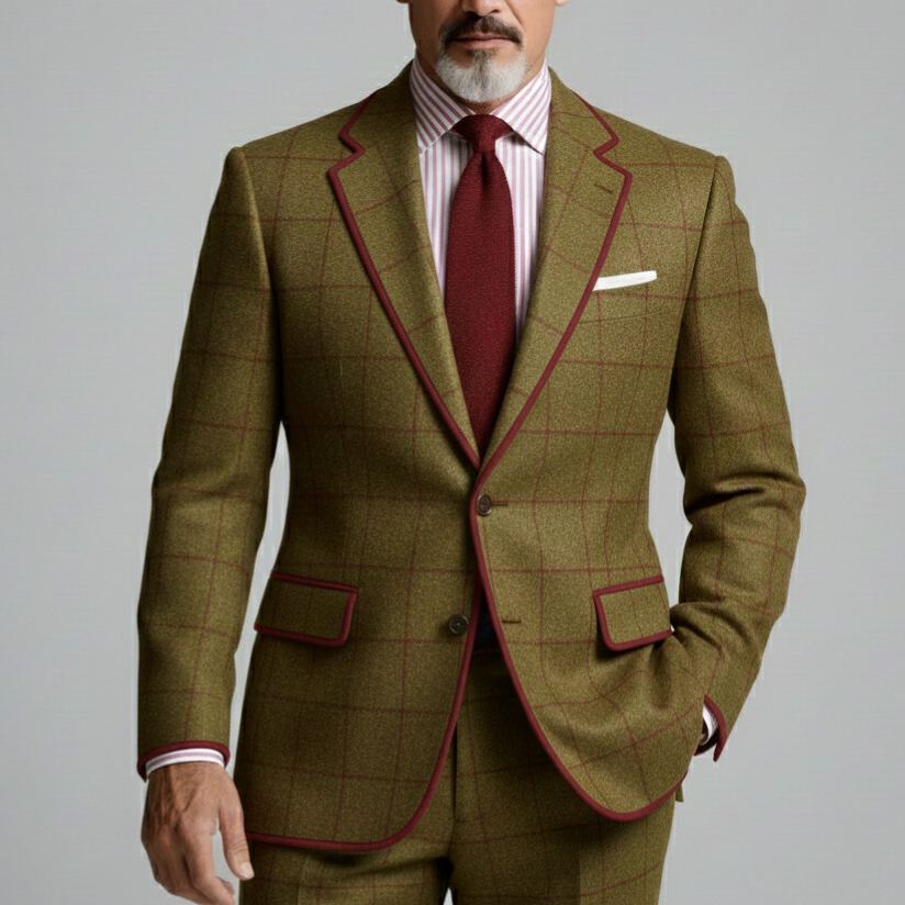 Men's Olive Green Contrast Color Plaid Notched Lapel Single Breasted Long Sleeve Blazers