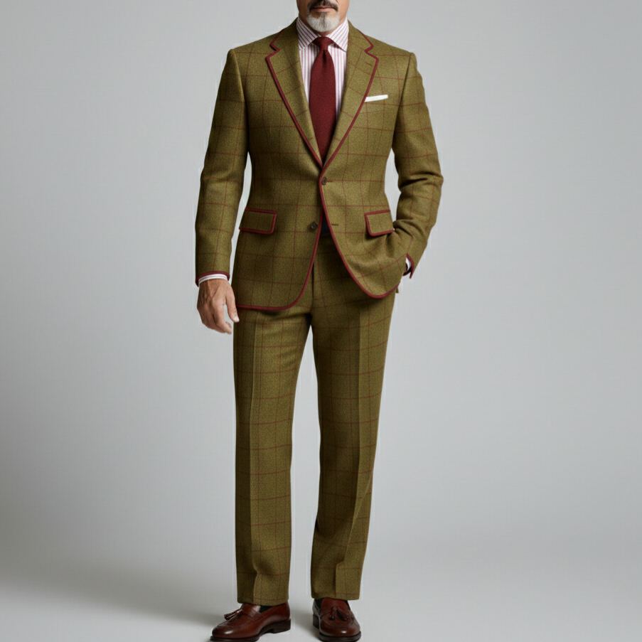 Men's Olive Green Contrast Color Plaid Notched Lapel Single Breasted Long Sleeve Blazers