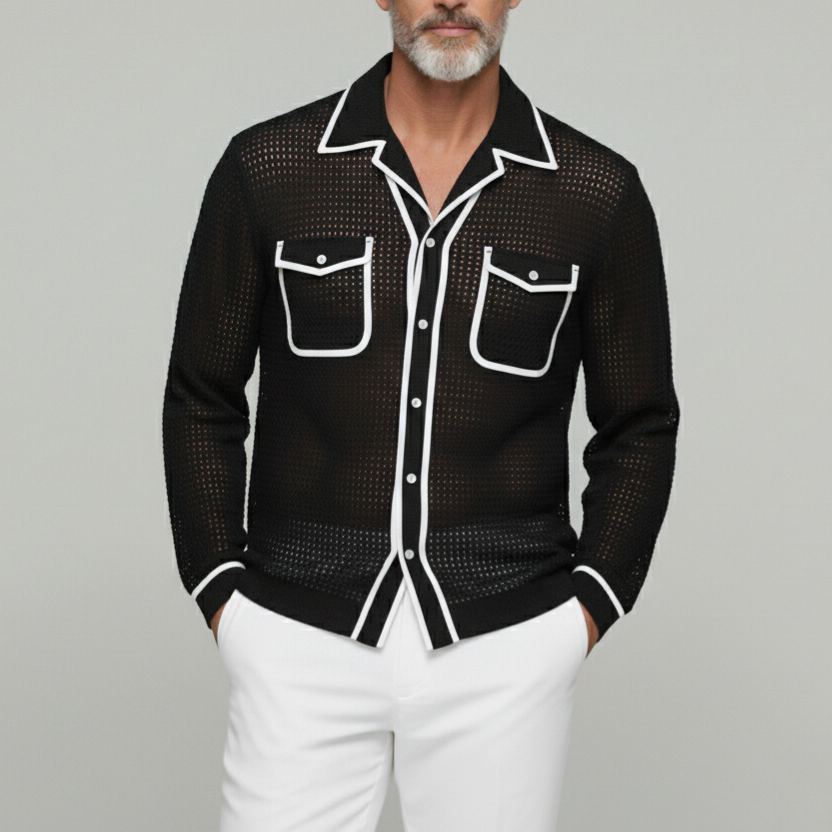 Men's Fashion Black Mesh Hollow Out Contrast Binding Camp Collar Flap Pocket Long Sleeve Shirt