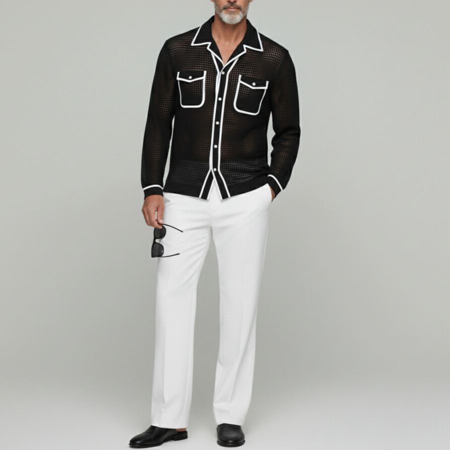 Men's Fashion Black Mesh Hollow Out Contrast Binding Camp Collar Flap Pocket Long Sleeve Shirt