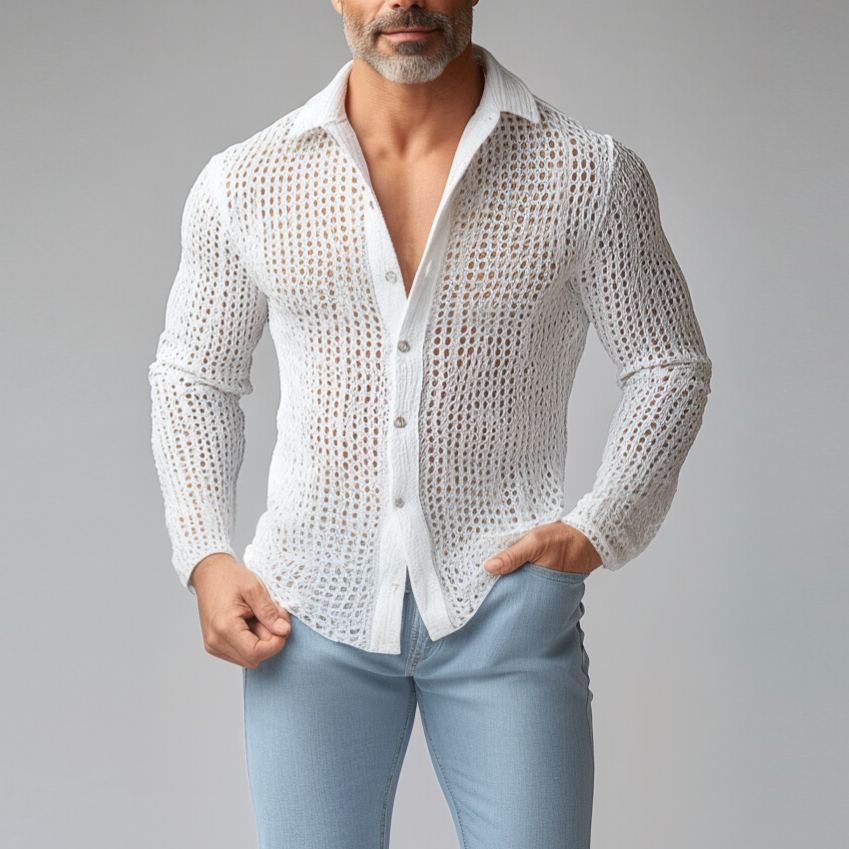 Men's Turndown Collar Long Sleeve Button Hollow Out Crochet Knit Shirt