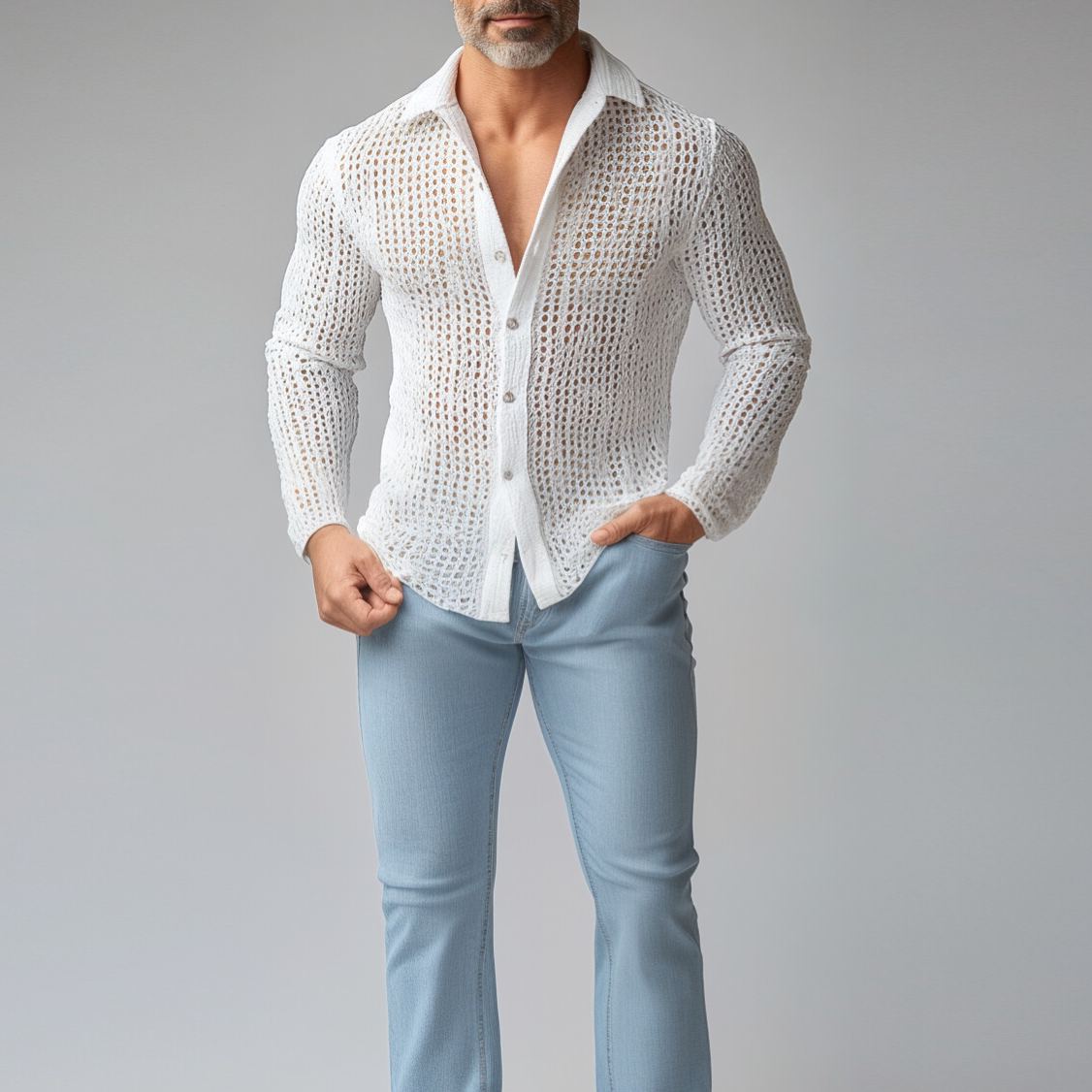 Men's Turndown Collar Long Sleeve Button Hollow Out Crochet Knit Shirt