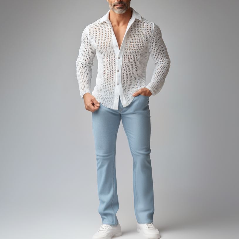 Men's Turndown Collar Long Sleeve Button Hollow Out Crochet Knit Shirt
