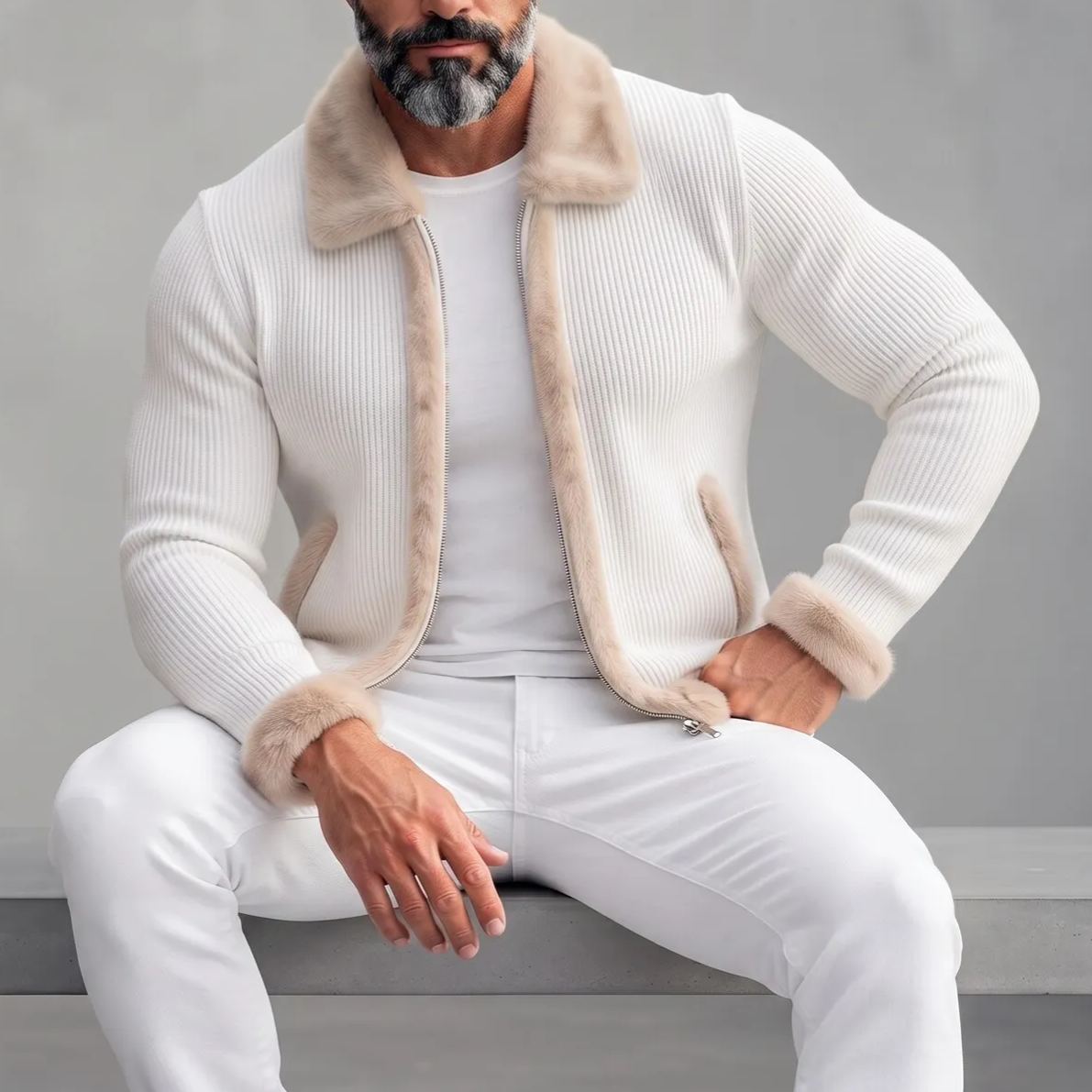 Men's White Ribbed Knit Spliced Fuzzy Collar Slant Pocket Slim Fit Zipper Jacket