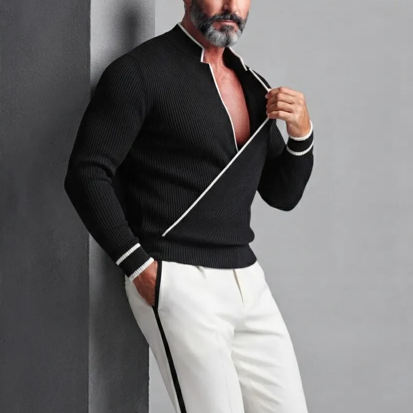 Men's Black Ribbed Knit Stand Collar Contrast Piping Slim Fit Wrapped Sweater