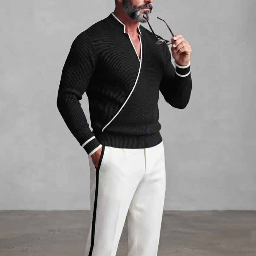 Men's Black Ribbed Knit Stand Collar Contrast Piping Slim Fit Wrapped Sweater