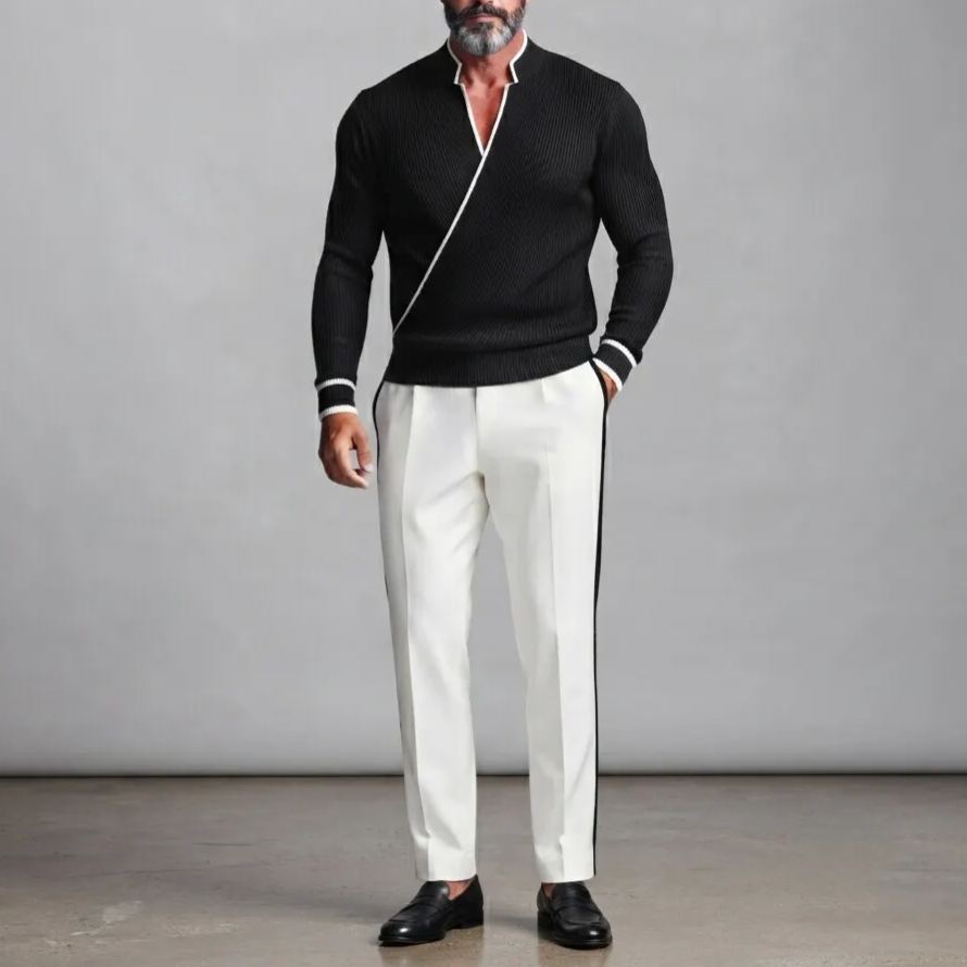 Men's Black Ribbed Knit Stand Collar Contrast Piping Slim Fit Wrapped Sweater