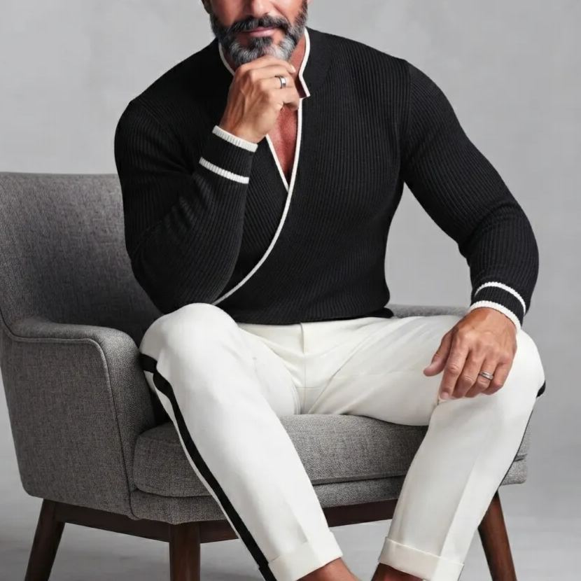 Men's Black Ribbed Knit Stand Collar Contrast Piping Slim Fit Wrapped Sweater